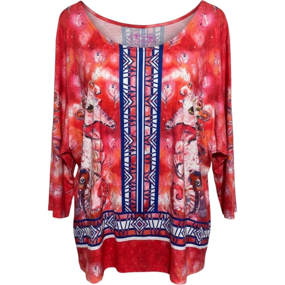 Leoma Lovegrove Seahorse Art Print Top Red Blue Geometric 3/4 Sleeve Blouse L‎